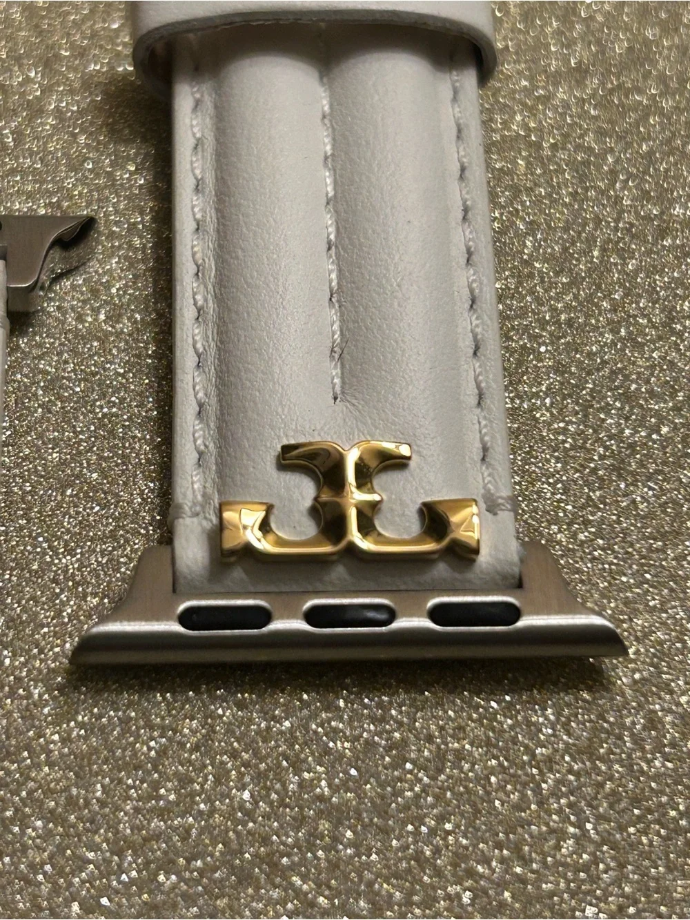 Tory Burch Ivory Leather Apple Watch Band with Gold Logo Hardware